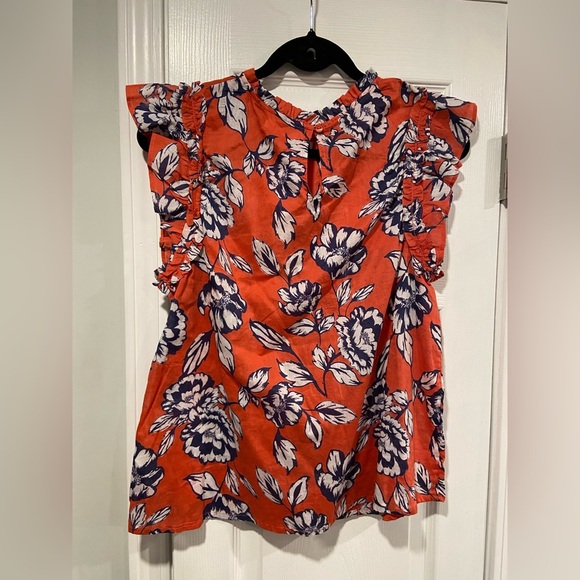 NWT C&C California Size M Blue Floral Ruffle Collar Short Sleeve Lightweight Top - Picture 7 of 10